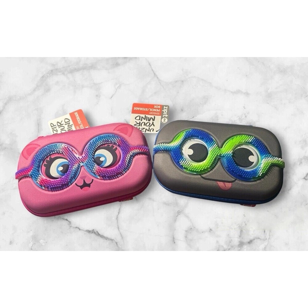 Zipit Hard Shell Pink‎ & Blue Face Sensory Pencil Storage Case Set NWT